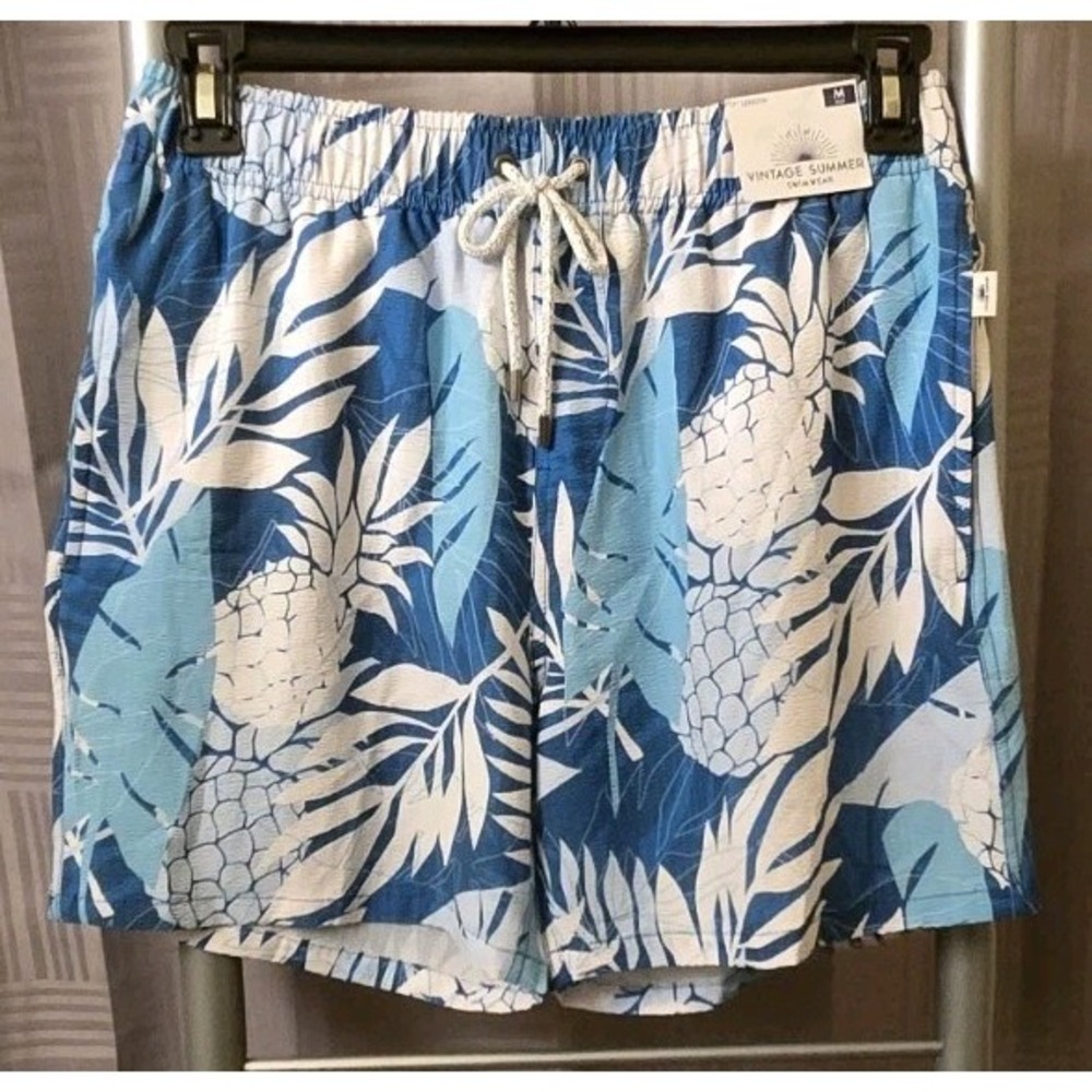 Vintage Summer Teal Tropical Pineapple Mens Swim Trunks Mesh Lining Size Med NWT